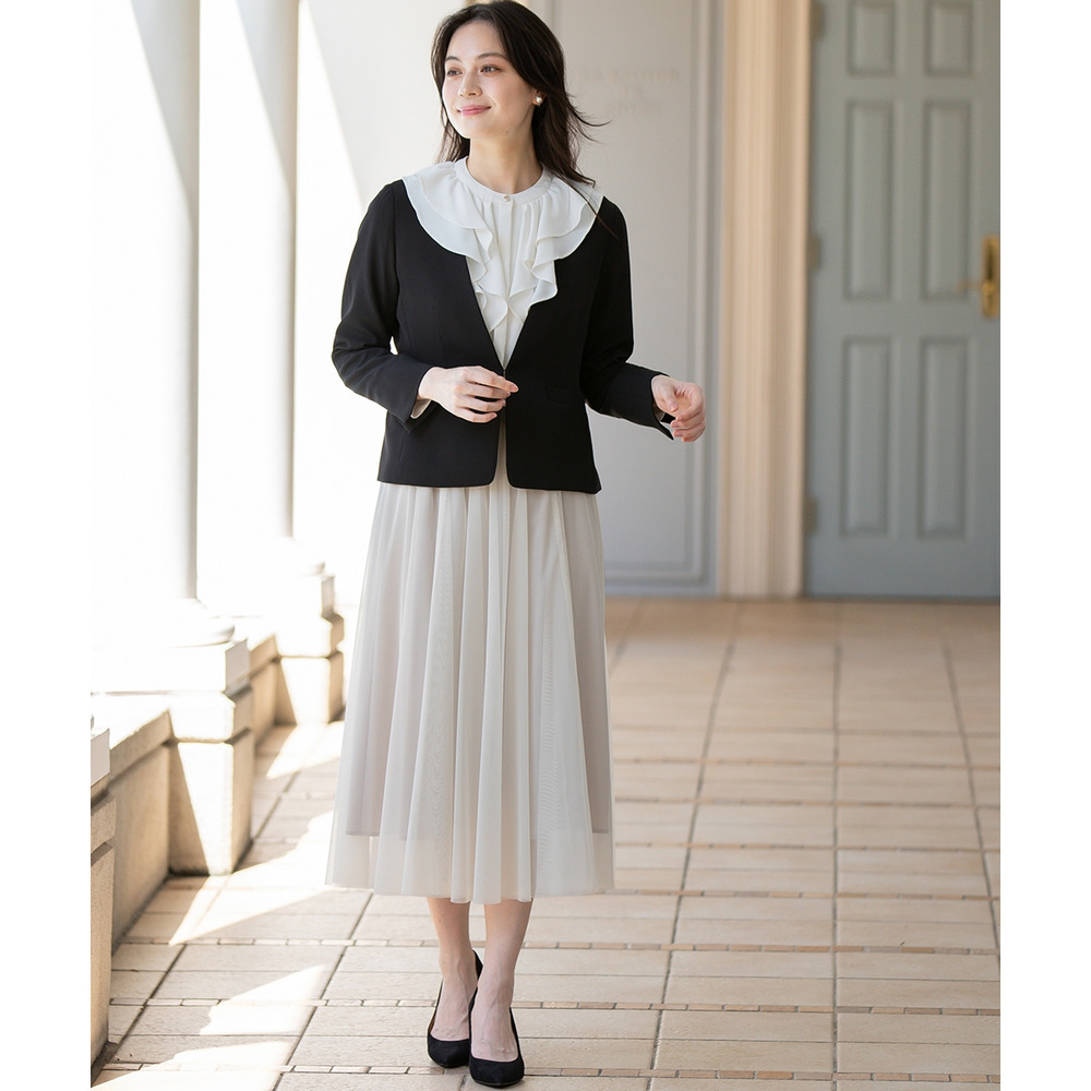 【入学式・卒業式・フォーマル】ダブルクロスストレッチノーカラージャケット+チュールスカートセットアップ 大きいサイズ1