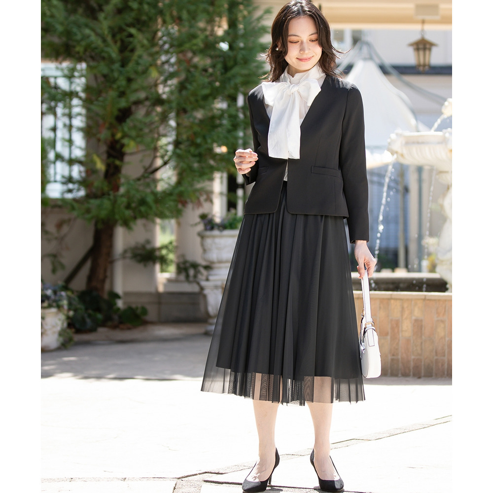 【入学式・卒業式・フォーマル】ダブルクロスストレッチノーカラージャケット+チュールスカートセットアップ 大きいサイズ1