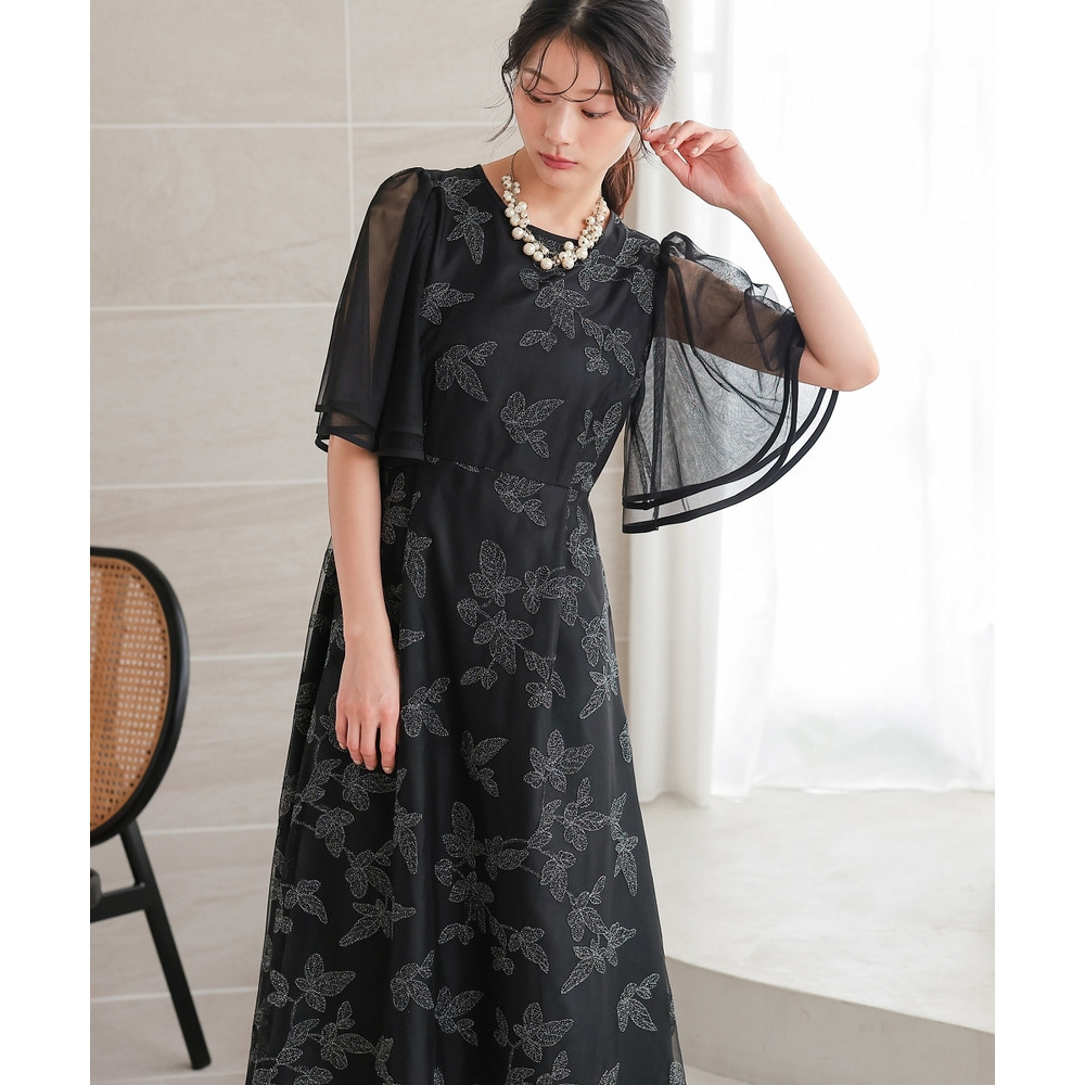 【結婚式・パーティードレス】チュール刺繍使いフレアスリーブワンピースドレス 大きいサイズ10