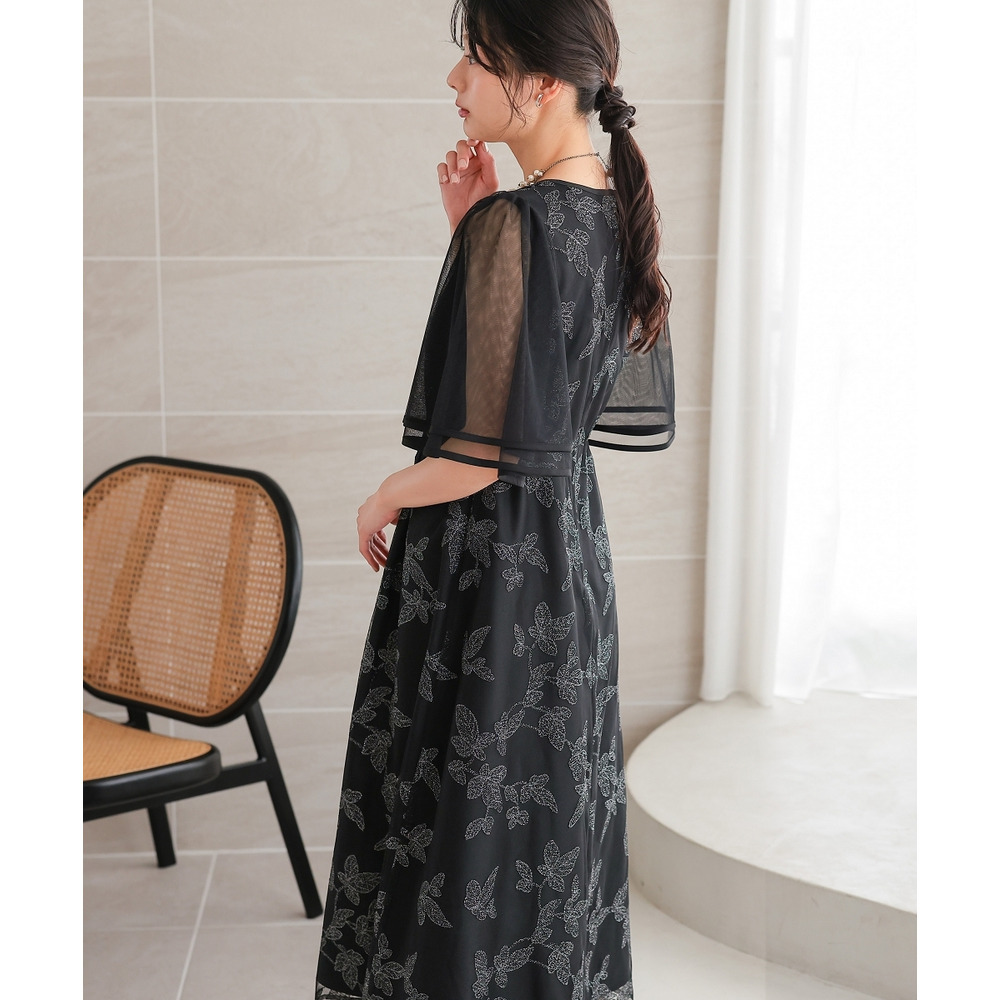 【結婚式・パーティードレス】チュール刺繍使いフレアスリーブワンピースドレス 大きいサイズ11