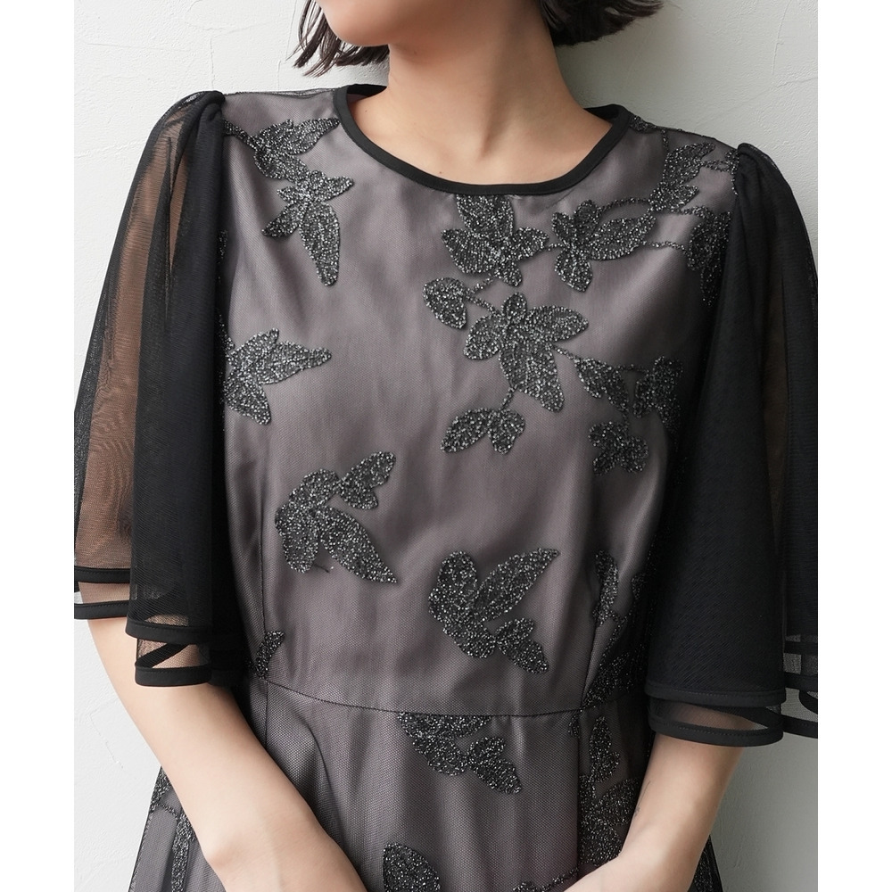 【結婚式・パーティードレス】チュール刺繍使いフレアスリーブワンピースドレス 大きいサイズ13