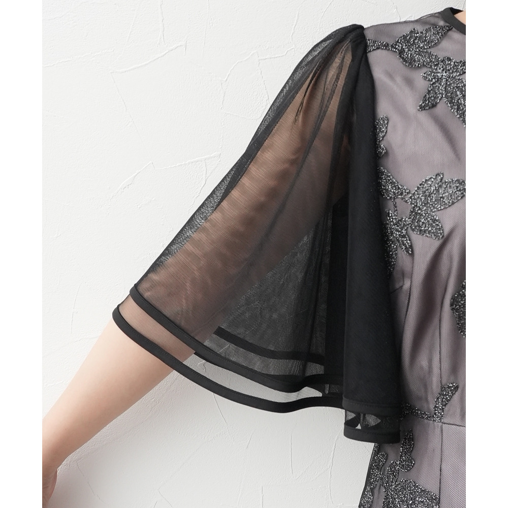 【結婚式・パーティードレス】チュール刺繍使いフレアスリーブワンピースドレス 大きいサイズ14