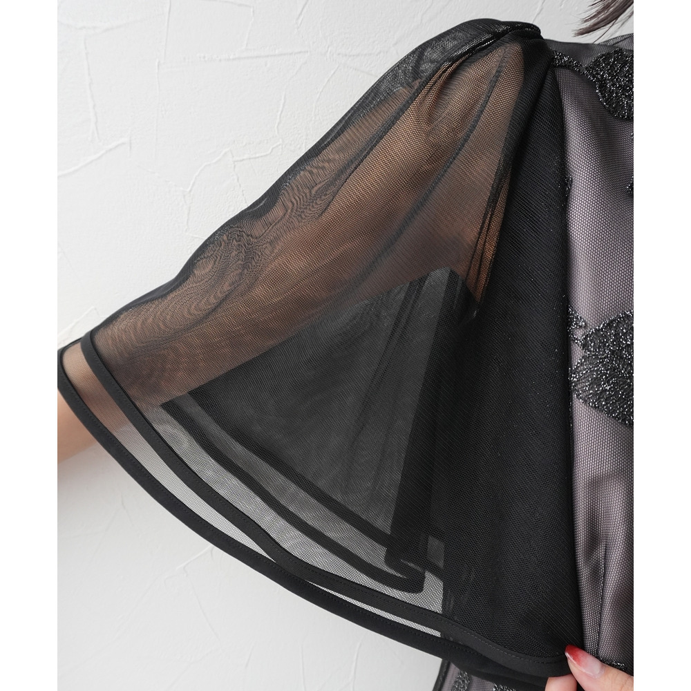 【結婚式・パーティードレス】チュール刺繍使いフレアスリーブワンピースドレス 大きいサイズ15