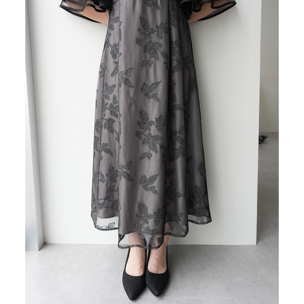 【結婚式・パーティードレス】チュール刺繍使いフレアスリーブワンピースドレス 大きいサイズ18