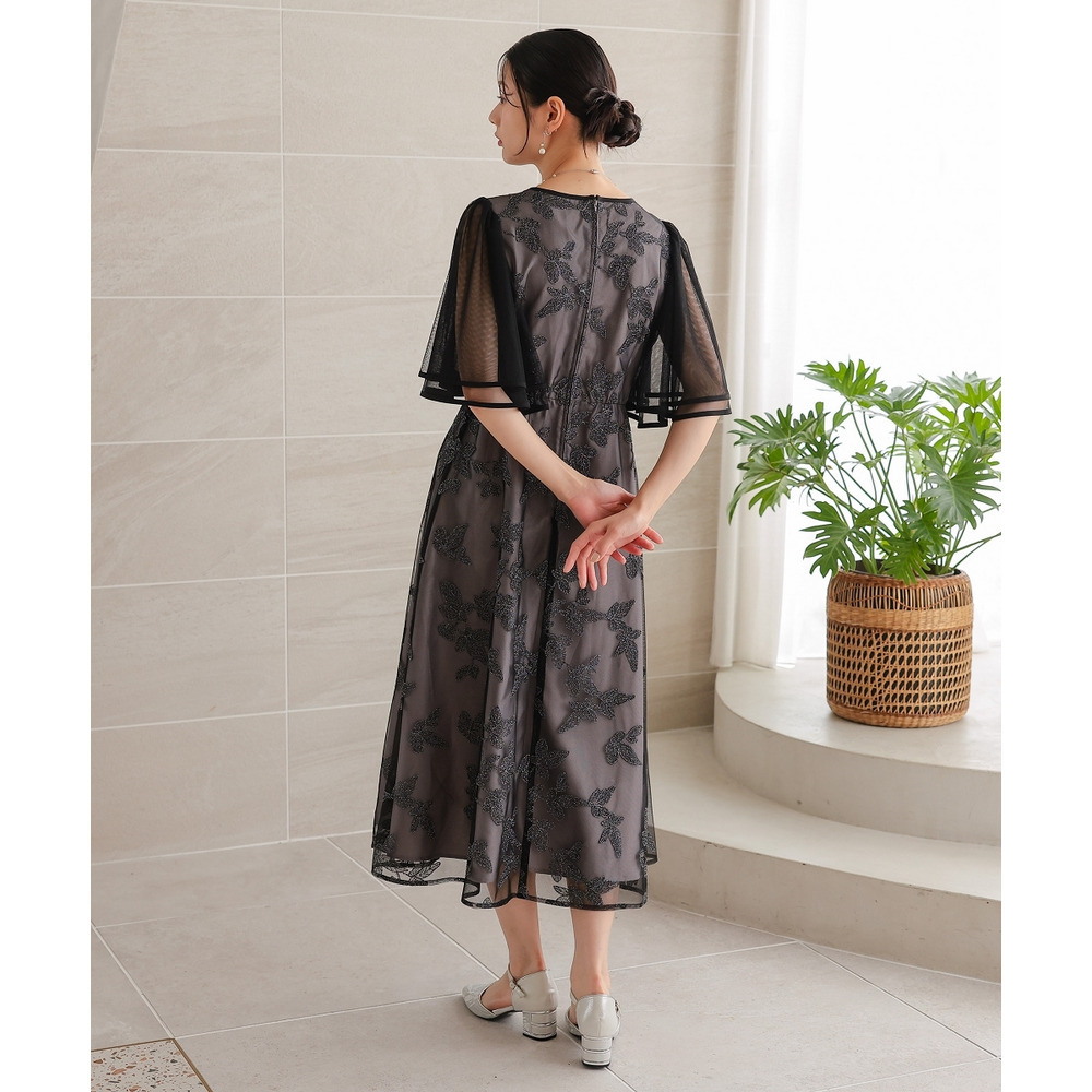 【結婚式・パーティードレス】チュール刺繍使いフレアスリーブワンピースドレス 大きいサイズ5