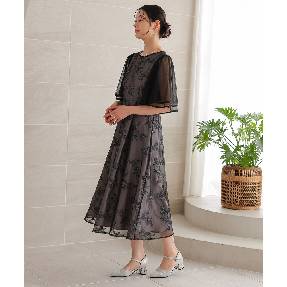 【結婚式・パーティードレス】チュール刺繍使いフレアスリーブワンピースドレス 大きいサイズ6