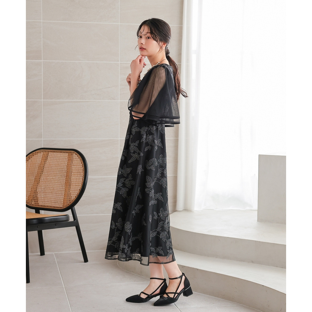 【結婚式・パーティードレス】チュール刺繍使いフレアスリーブワンピースドレス 大きいサイズ8