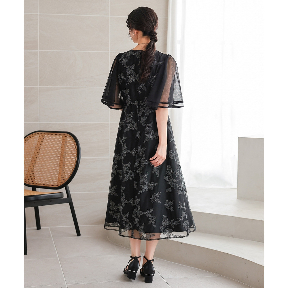 【結婚式・パーティードレス】チュール刺繍使いフレアスリーブワンピースドレス 大きいサイズ9