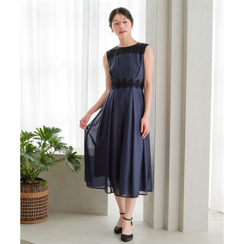 【結婚式・パーティードレス】ウエストレースデザインノースリーブワンピースドレス 大きいサイズ10