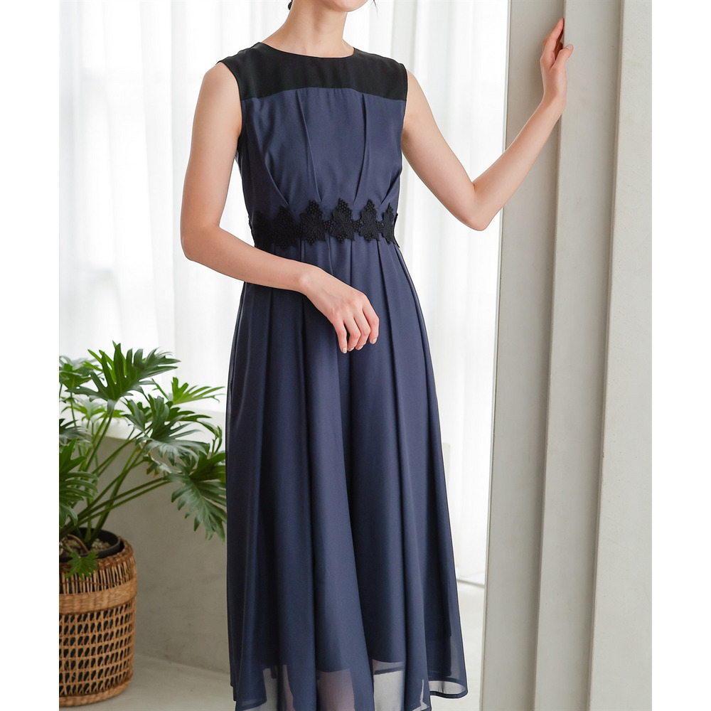 【結婚式・パーティードレス】ウエストレースデザインノースリーブワンピースドレス 大きいサイズ12