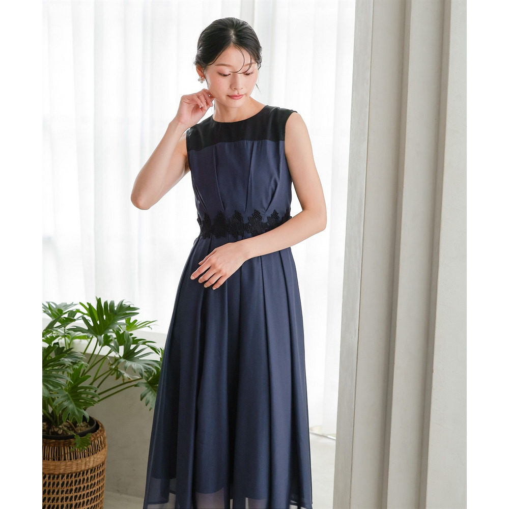 【結婚式・パーティードレス】ウエストレースデザインノースリーブワンピースドレス 大きいサイズ13