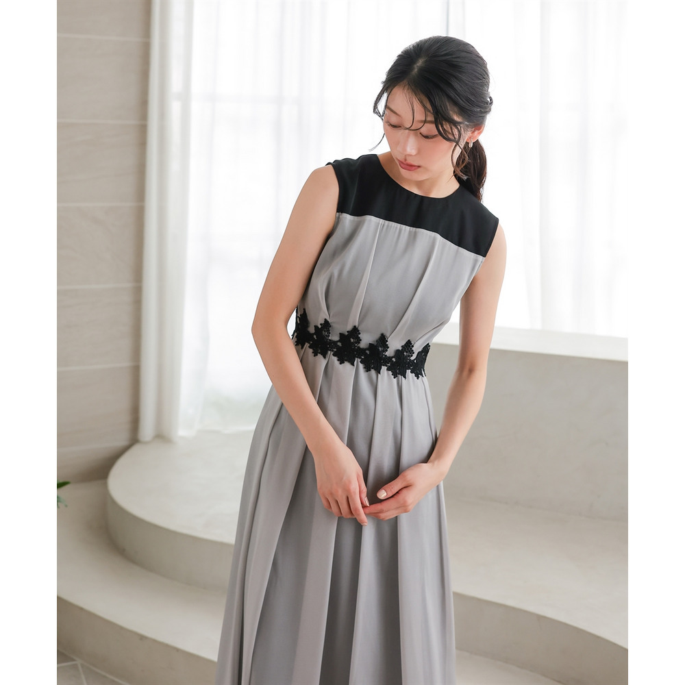 【結婚式・パーティードレス】ウエストレースデザインノースリーブワンピースドレス 大きいサイズ4