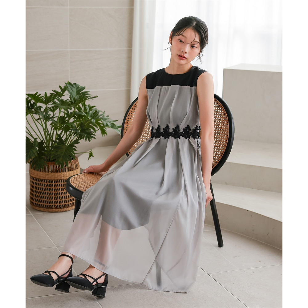 【結婚式・パーティードレス】ウエストレースデザインノースリーブワンピースドレス 大きいサイズ6