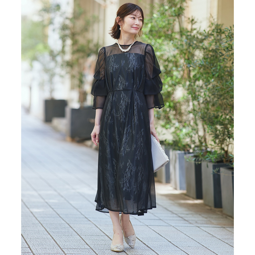 【結婚式・パーティードレス】デザインスリーブラメチュールワンピースドレス 大きいサイズ1