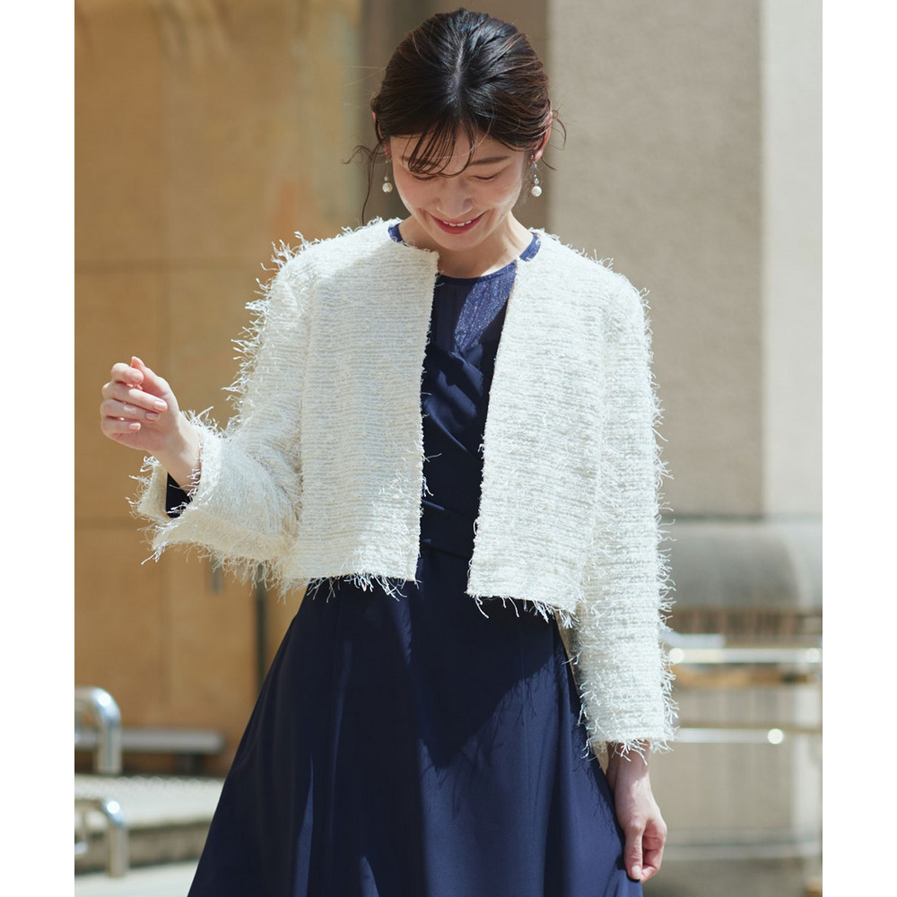 【結婚式・パーティードレス】フリンジニットジャケット 大きいサイズ1