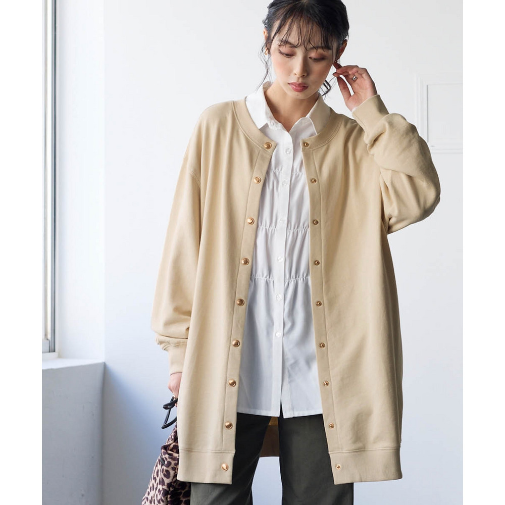 綿100%ドットボタンロング丈ビッグカーディガン 大きいサイズ1