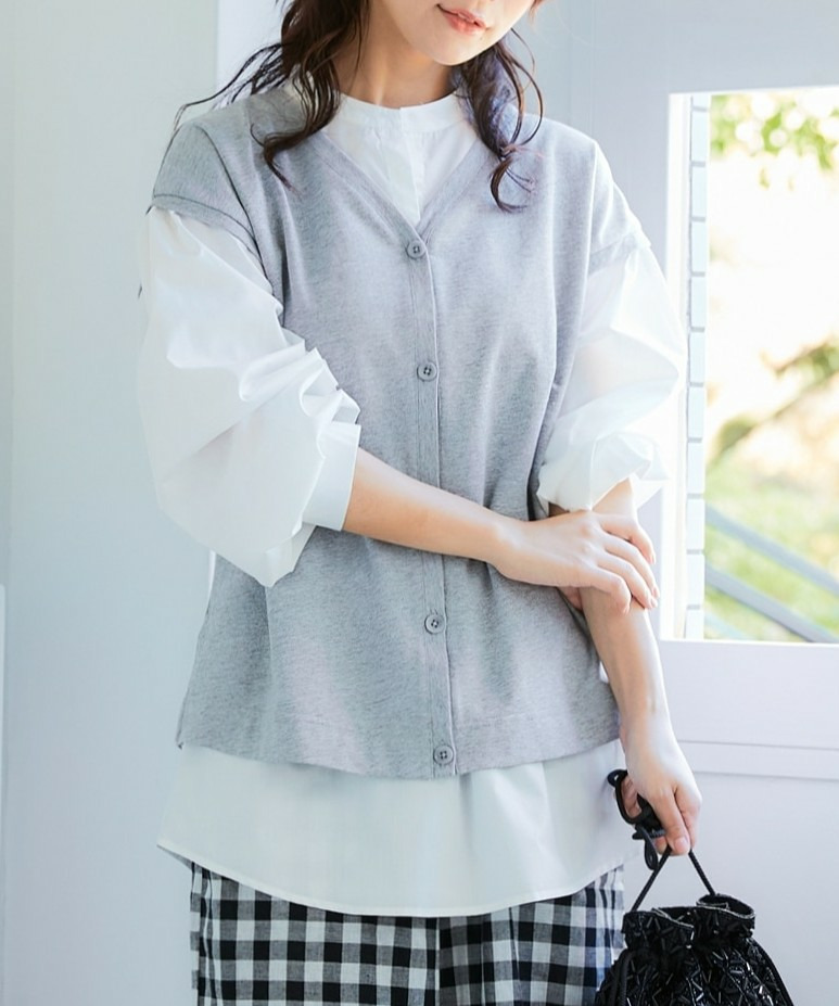 スキッパーシャツベスト重ね着風トップス 大きいサイズ