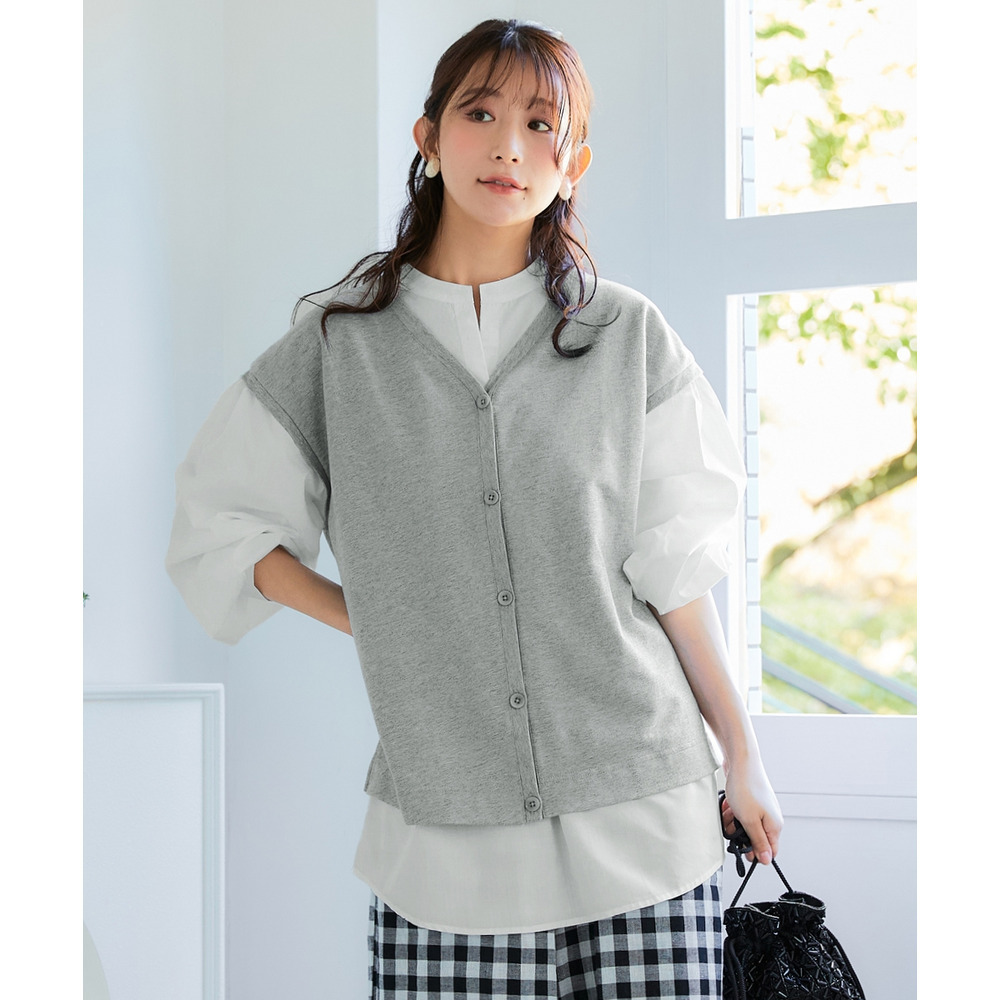 スキッパーシャツベスト重ね着風トップス 大きいサイズ1