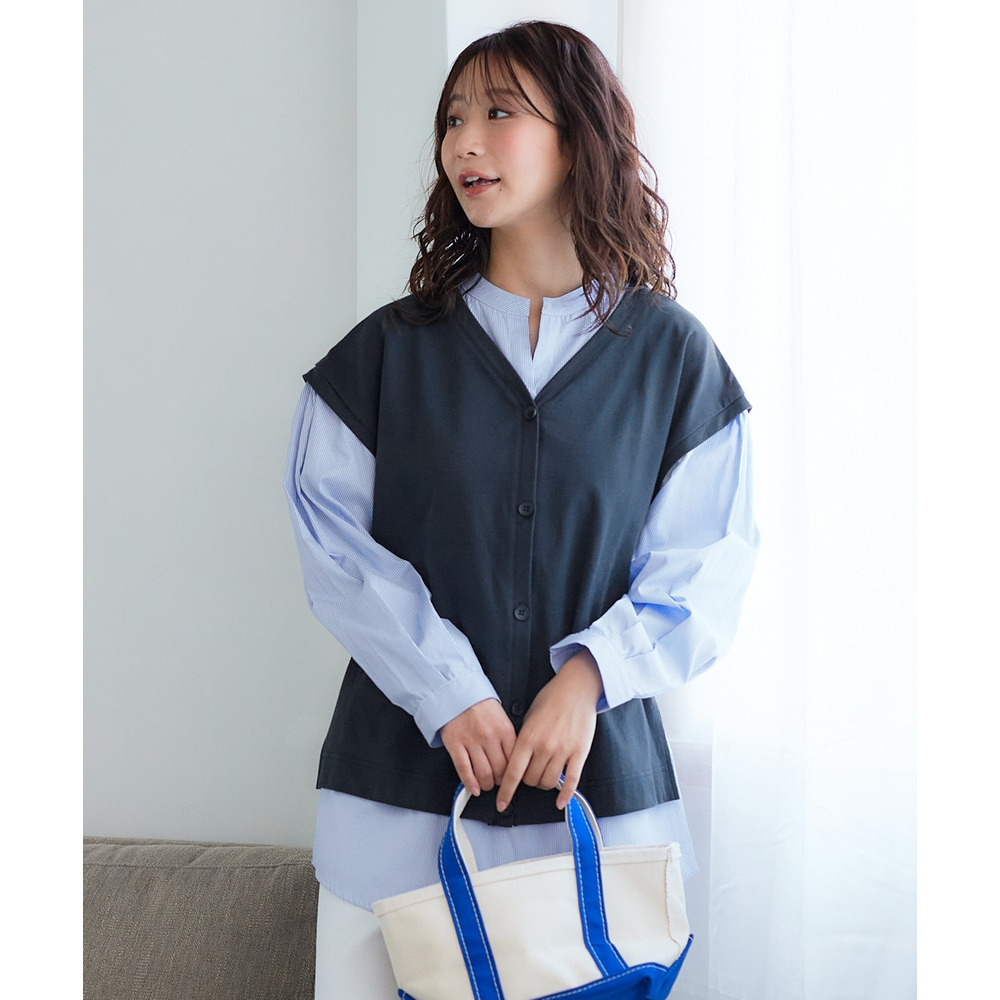 スキッパーシャツベスト重ね着風トップス 大きいサイズ1