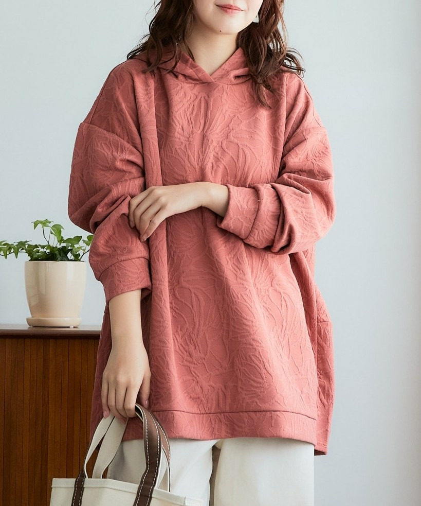 ふくれフラワージャガードチュニックパーカー 大きいサイズ