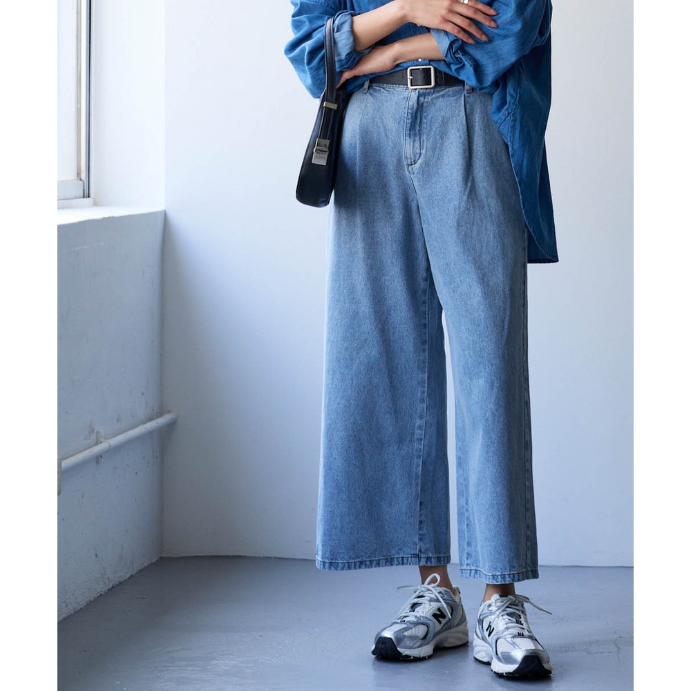 綿100%アンクル丈デニムワイドパンツ(ゆったりヒップ) 大きいサイズ14