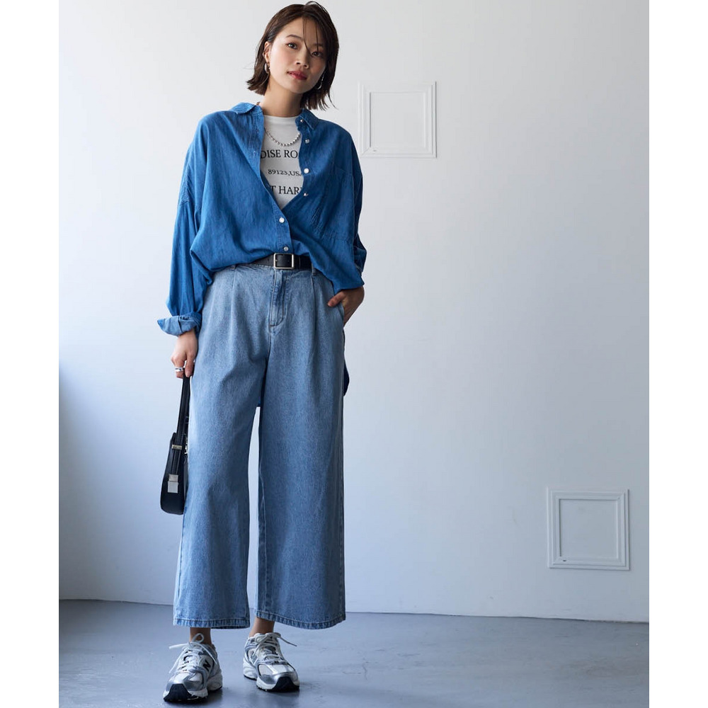 綿100%アンクル丈デニムワイドパンツ(ゆったりヒップ) 大きいサイズ15