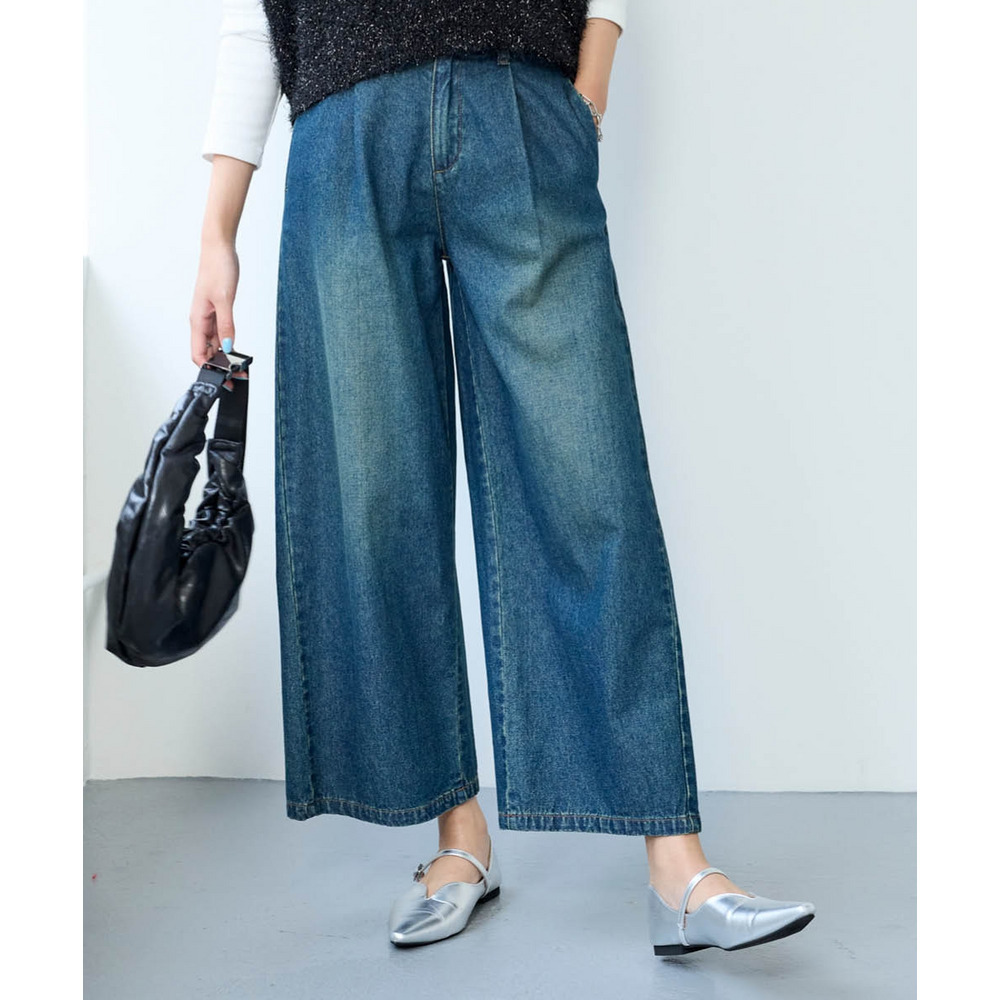 綿100%アンクル丈デニムワイドパンツ(ゆったりヒップ) 大きいサイズ19