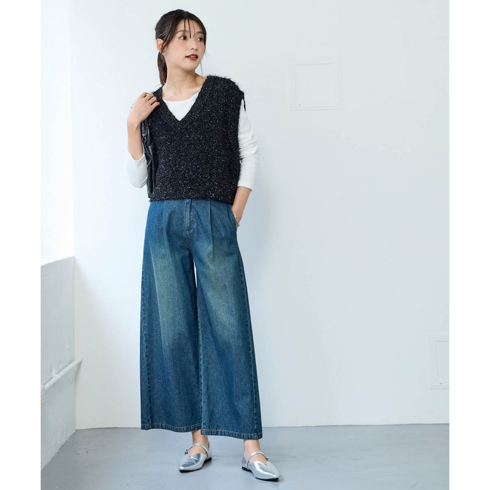 綿100%アンクル丈デニムワイドパンツ(ゆったりヒップ) 大きいサイズ20