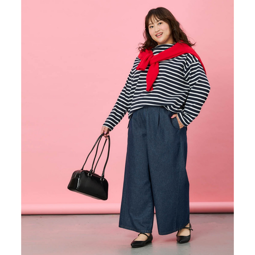 綿100%アンクル丈デニムワイドパンツ(ゆったりヒップ) 大きいサイズ21