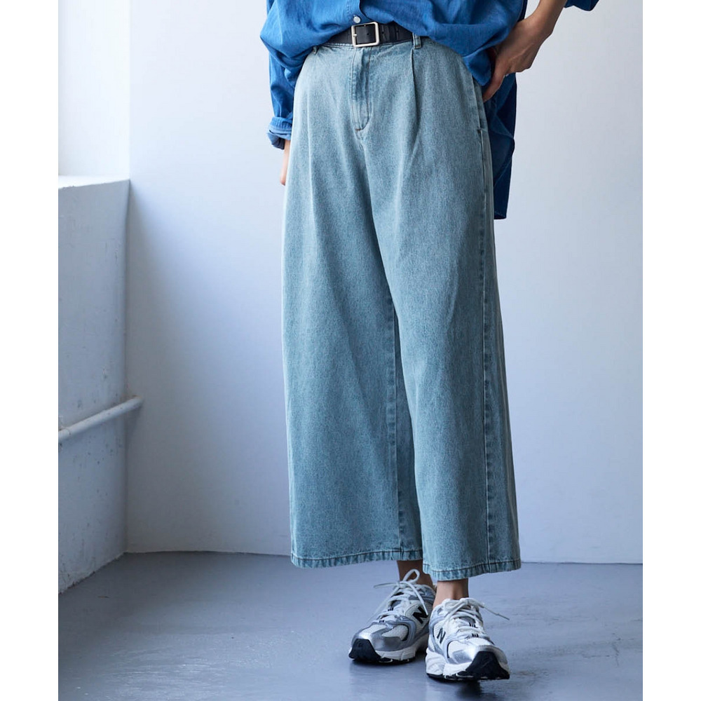 綿100%アンクル丈デニムワイドパンツ(ゆったりヒップ) 大きいサイズ1