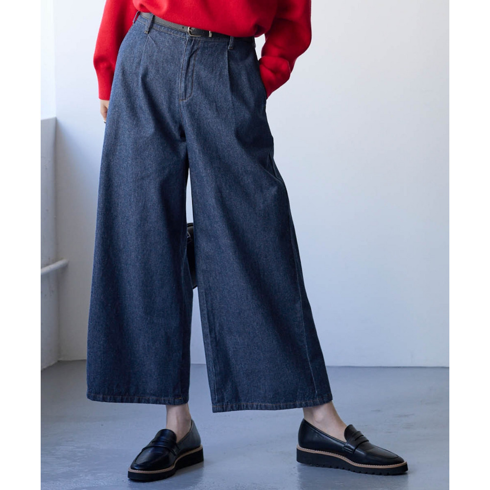 綿100%アンクル丈デニムワイドパンツ(ゆったりヒップ) 大きいサイズ1