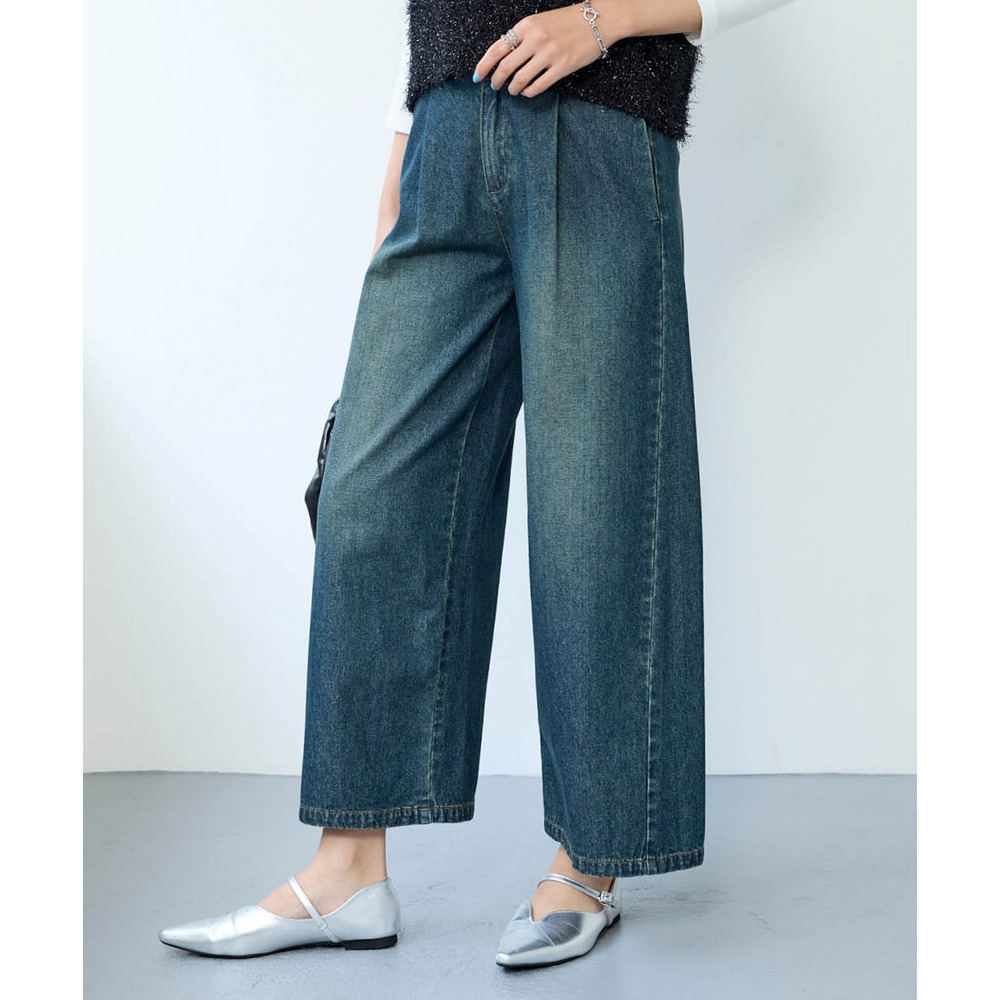 綿100%アンクル丈デニムワイドパンツ(ゆったりヒップ) 大きいサイズ1