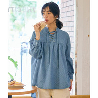 綿100％デニムレースアップチュニックブラウス 大きいサイズ