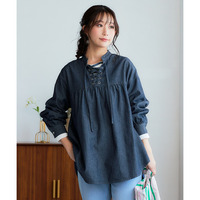 綿100％デニムレースアップチュニックブラウス 大きいサイズ