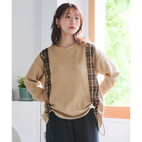 縦チェック切替シャーリングワッフルトップス 大きいサイズ