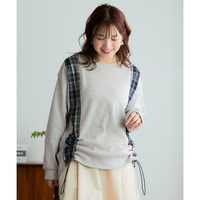 縦チェック切替シャーリングワッフルトップス 大きいサイズ