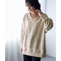 コットンブレンドニットライクジャガードVネックロング丈ゆるトレーナー 大きいサイズ