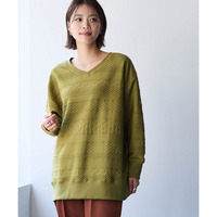 コットンブレンドニットライクジャガードVネックロング丈ゆるトレーナー 大きいサイズ