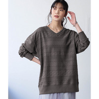 コットンブレンドニットライクジャガードVネックロング丈ゆるトレーナー 大きいサイズ