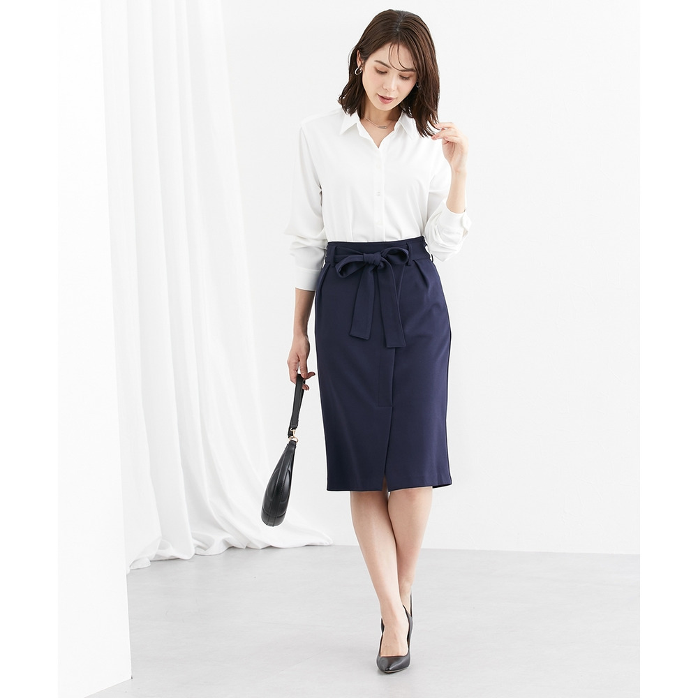 【ジャージーシリーズ】カットソーラップ風タイトスカート(サッシュベルト付)(ストレッチ・しわになりにくい・UVカット) 大きいサイズ10