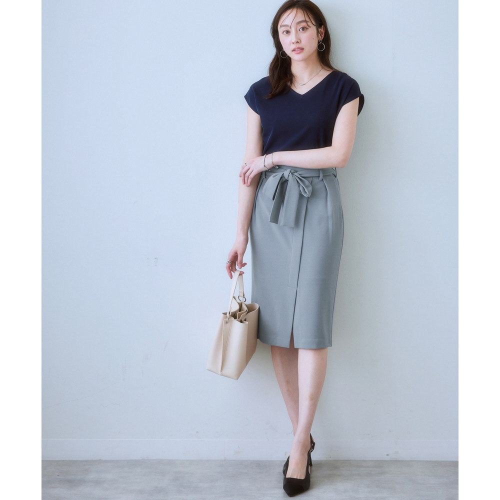 【ジャージーシリーズ】カットソーラップ風タイトスカート(サッシュベルト付)(ストレッチ・しわになりにくい・UVカット) 大きいサイズ15