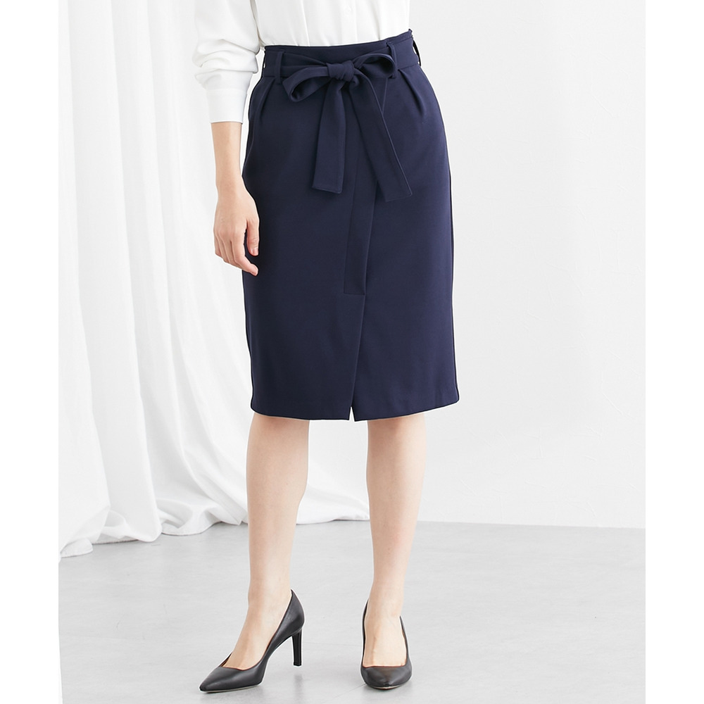 【ジャージーシリーズ】カットソーラップ風タイトスカート(サッシュベルト付)(ストレッチ・しわになりにくい・UVカット) 大きいサイズ16