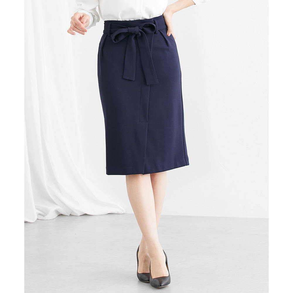 【ジャージーシリーズ】カットソーラップ風タイトスカート(サッシュベルト付)(ストレッチ・しわになりにくい・UVカット) 大きいサイズ1