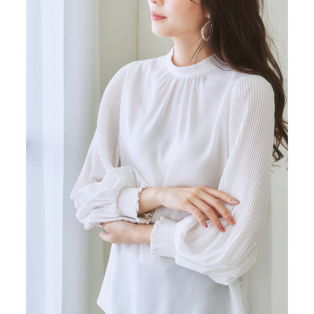 袖プリーツスタンドカラーブラウス 大きいサイズ