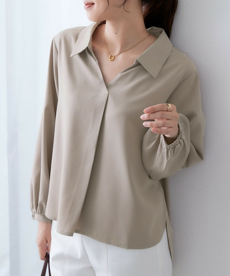 【しわになりにくい・ストレッチ】スキッパーカラー袖ボリュームブラウス（とろみシリーズ） 大きいサイズ