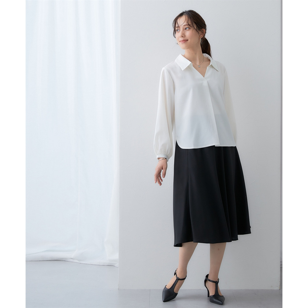 【しわになりにくい・ストレッチ】スキッパーカラー袖ボリュームブラウス(とろみシリーズ) 大きいサイズ10