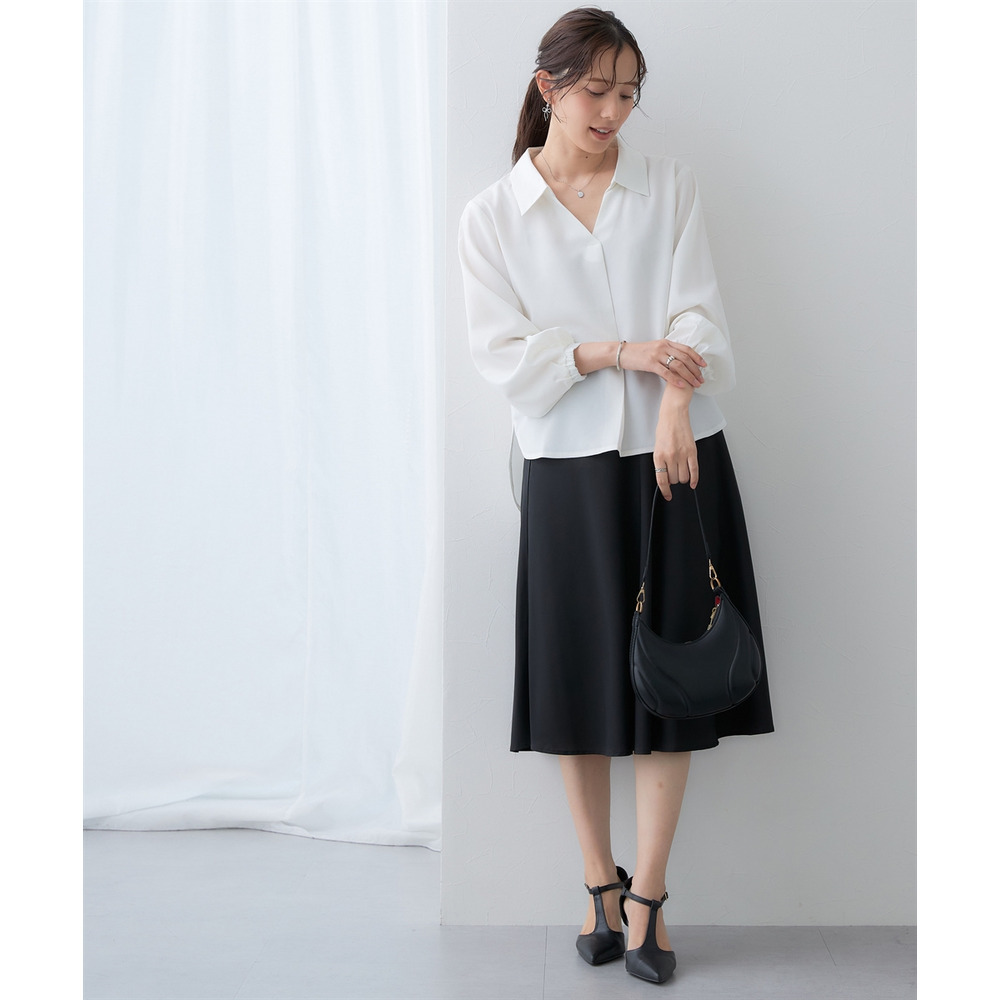 【しわになりにくい・ストレッチ】スキッパーカラー袖ボリュームブラウス(とろみシリーズ) 大きいサイズ11