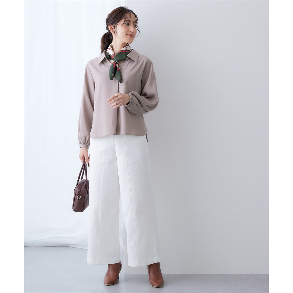 【しわになりにくい・ストレッチ】スキッパーカラー袖ボリュームブラウス(とろみシリーズ) 大きいサイズ13