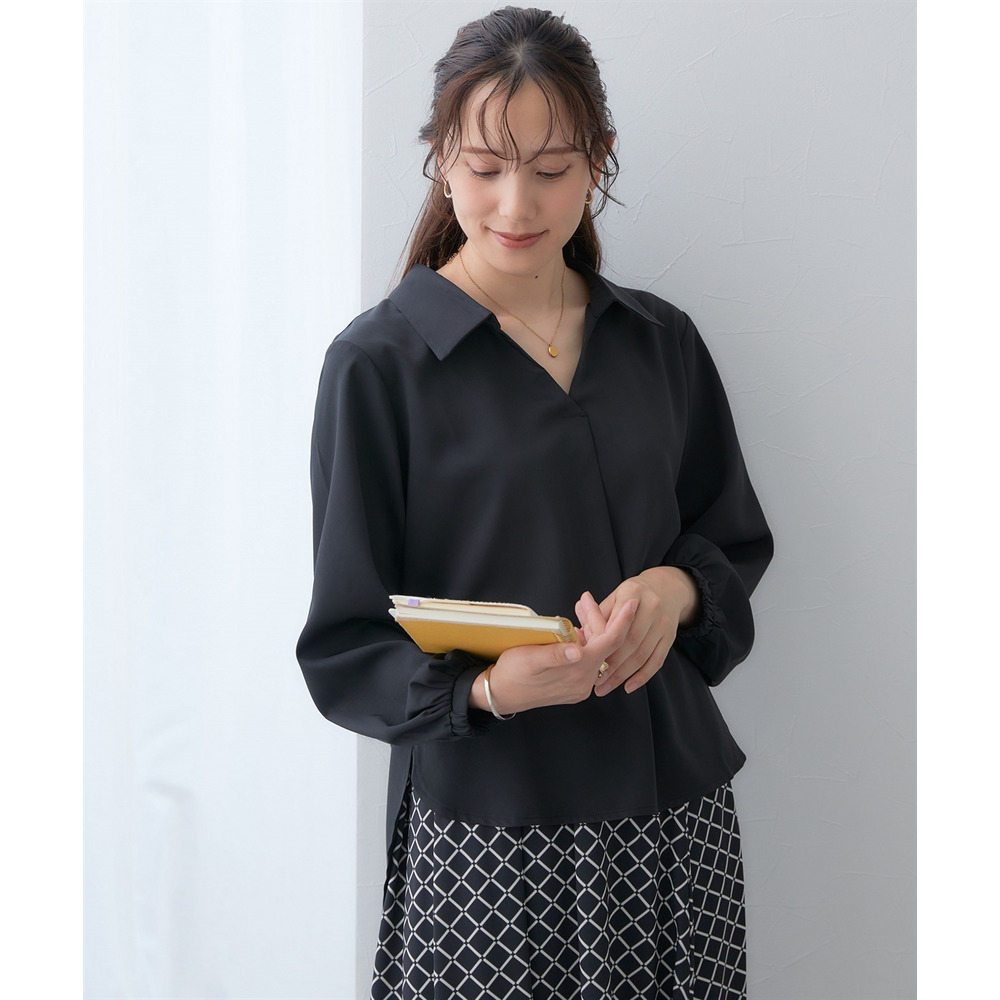 【しわになりにくい・ストレッチ】スキッパーカラー袖ボリュームブラウス(とろみシリーズ) 大きいサイズ15