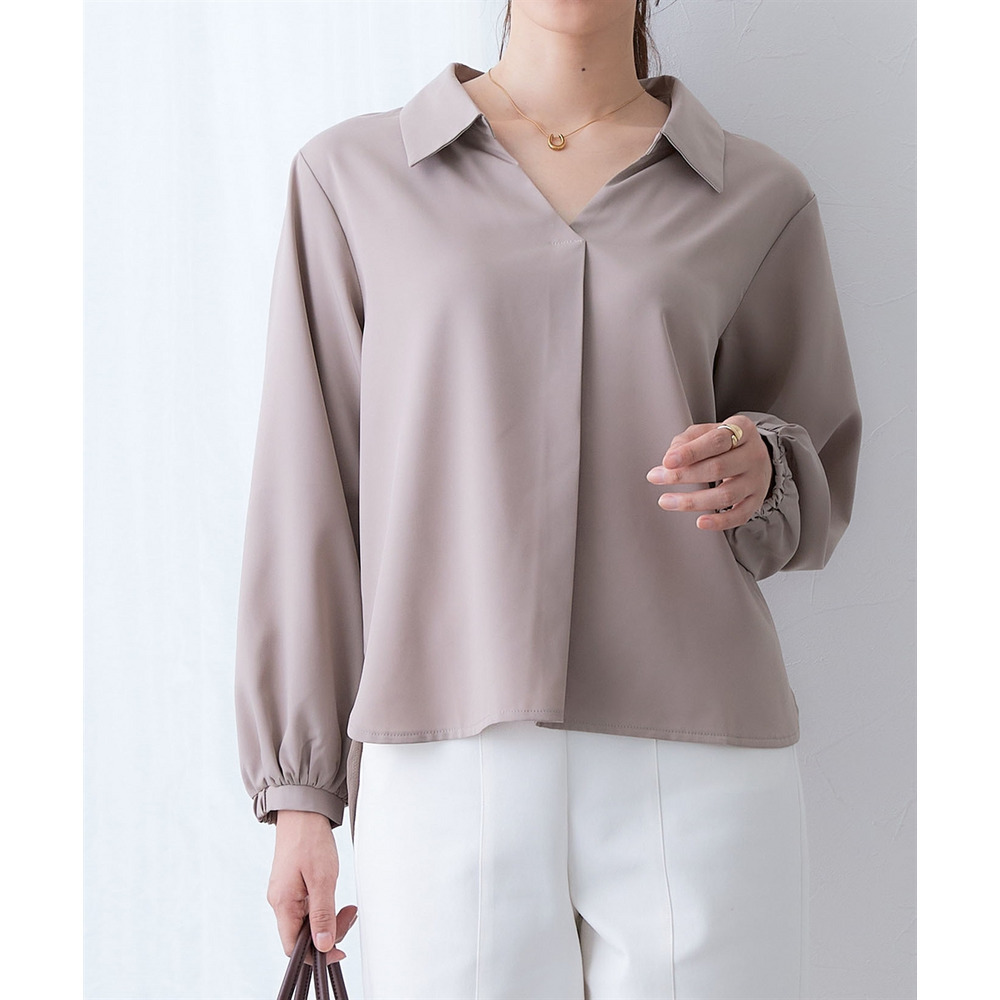 【しわになりにくい・ストレッチ】スキッパーカラー袖ボリュームブラウス(とろみシリーズ) 大きいサイズ18